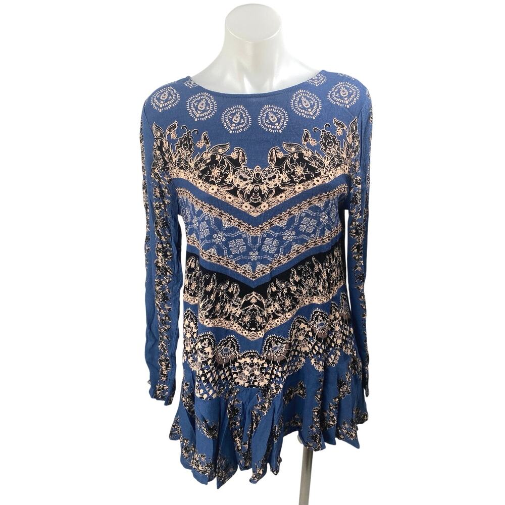 Free People Smooth Talker Blue Floral Long Sleeve Boho Mini Tunic Dress Size S